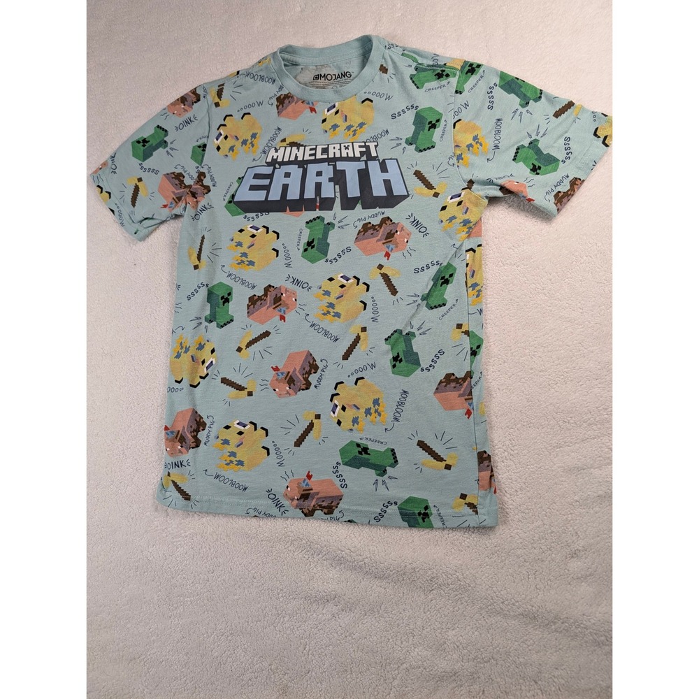 Mojang Minecraft Earth Boys Graphic T-Shirt Creeper Moobloom Muddy Pig L 10/12